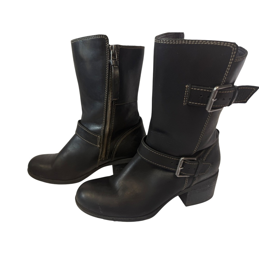 Clarks Moto Boots Black Leather Buckle Mid Calf Biker Grunge 261288374055 Size 8
